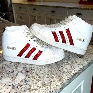 Custom Adidas Superstar Wedge Sneakers / Heel with custom red rhinestones